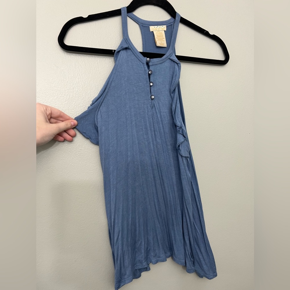 S love on tap soft blue tank with ruffle side